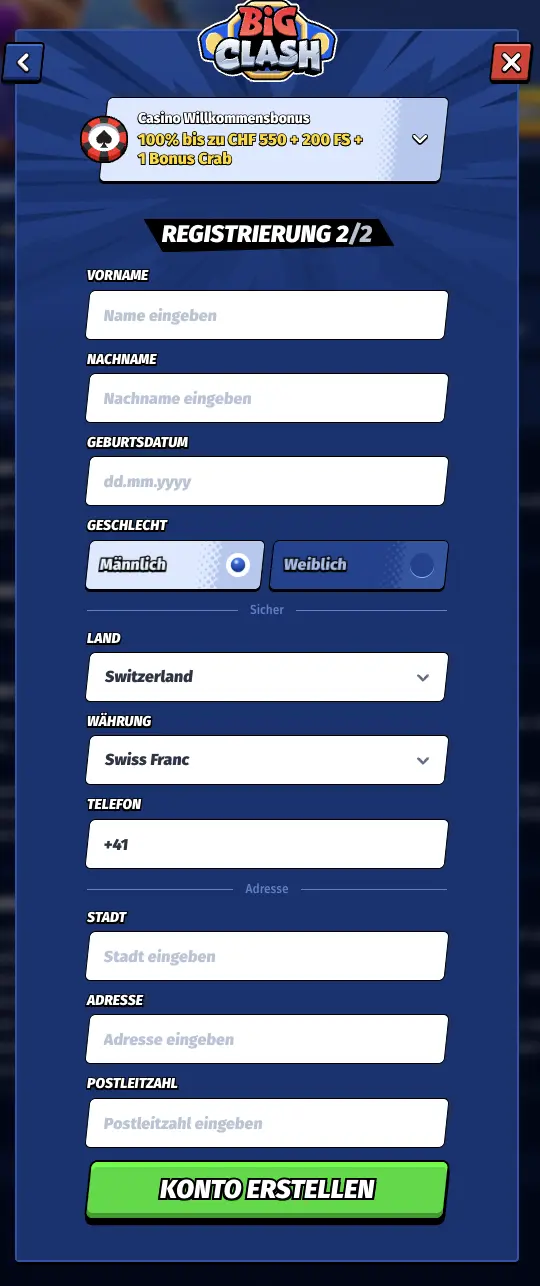 Registrierung 2 von 2 BigClash BigClash Casino Registrierung Schritt 2
